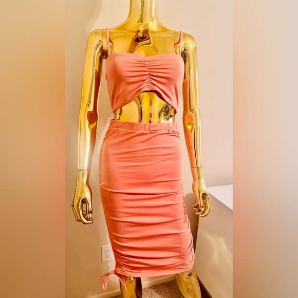 Pink 2 Piece Adjustable Ruched Midi Skirt Set, Crop Top, Preloved, Size Large - Picture 5 of 16